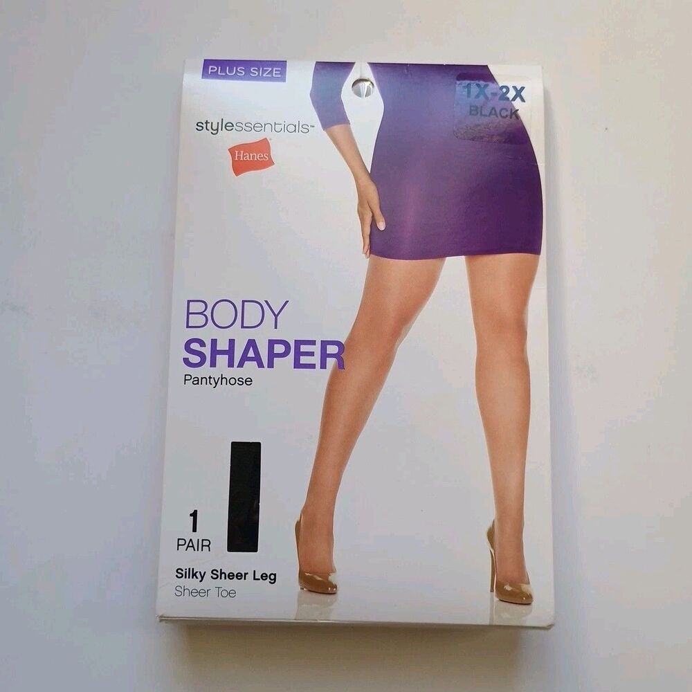 Hanes Stylessentials Body Shaper Pantyhose Size 1X-2X Black Sheer Leg Toe